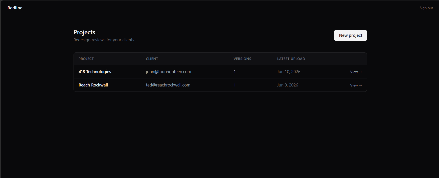 Redline admin dashboard — project list