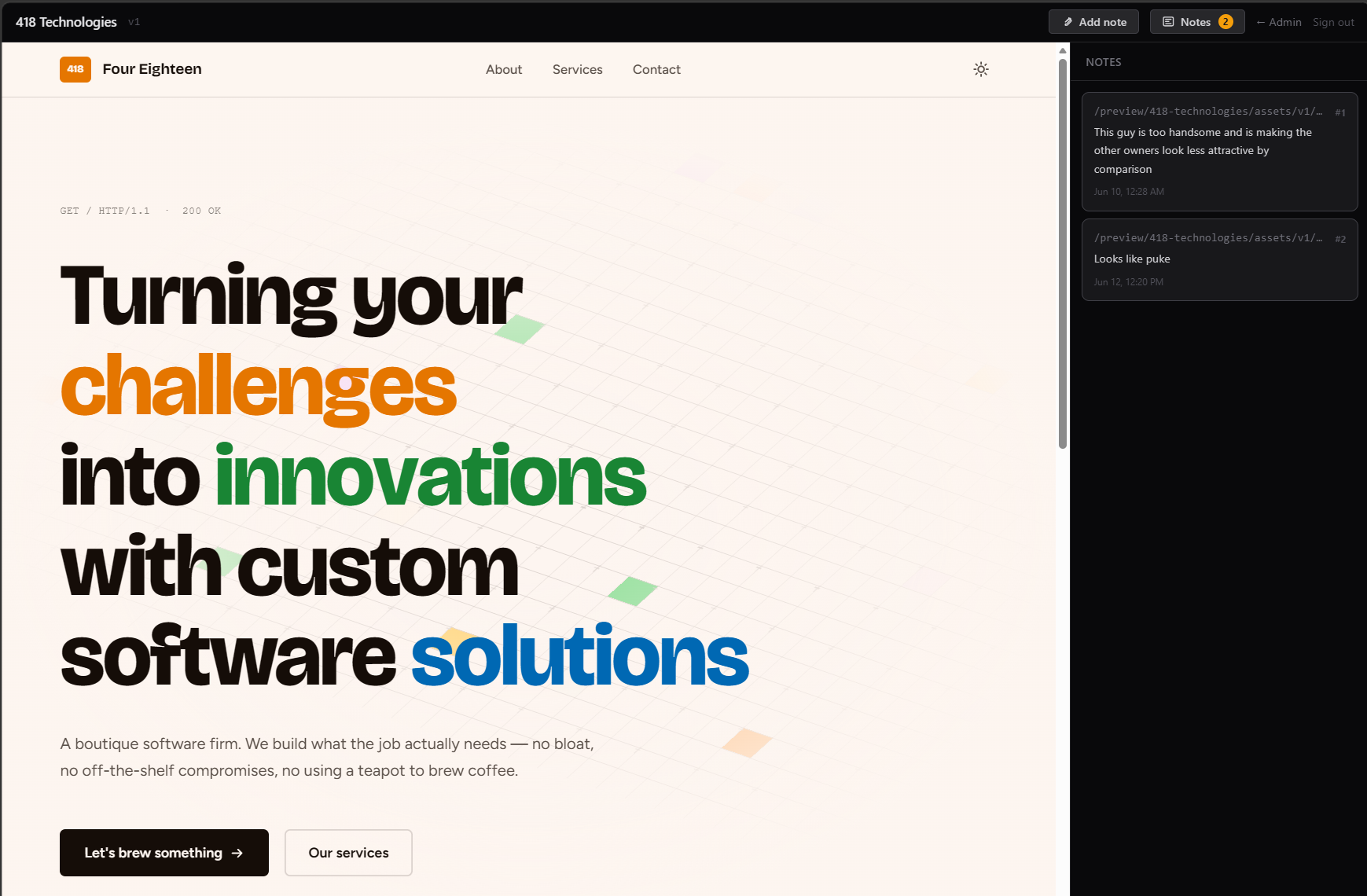 Redline annotation interface — design review with client feedback pinned in context